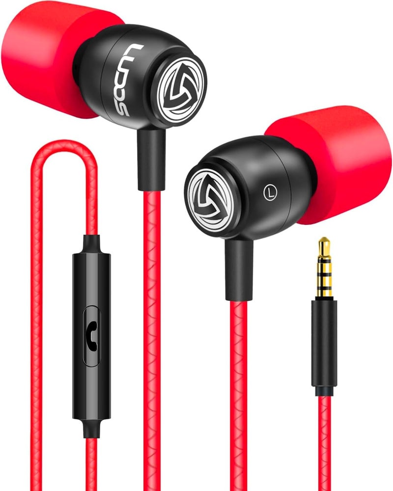 LUDOS Clamor Wired Earbuds in-Ear Headphones, 5 Years Warranty, Earphones with Microphone, Noise Isolating Ear Buds, Memory Foam for iPhone, Samsung, School Students, Kids, Women, Small Ears - Red - Image 1